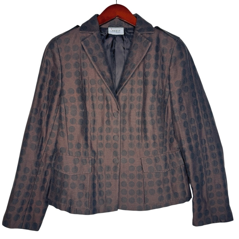 AKRIS Punto Snal Front Blazer Jacket in Brown Woven Circle Dot